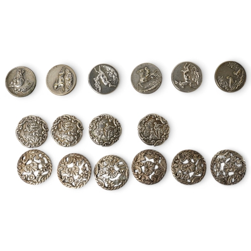 456 - A set of 4 Edwardian cast silver buttons, decorated with a lady and gallant, Levi & Salaman, Birming... 