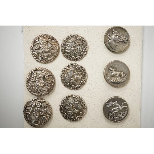 456 - A set of 4 Edwardian cast silver buttons, decorated with a lady and gallant, Levi & Salaman, Birming... 