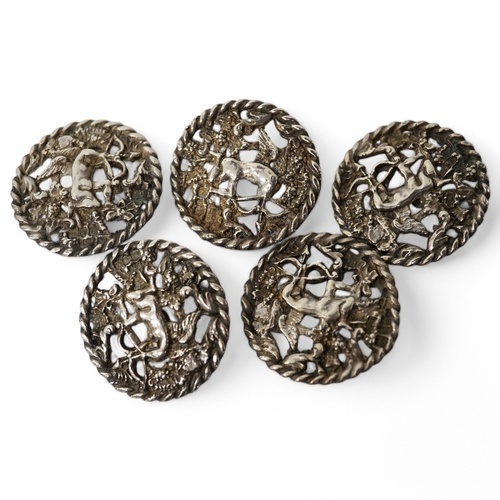 458 - A set of 5 late Victorian cast silver buttons, decorated with Cupid drawing his bow, L.H., London 19... 