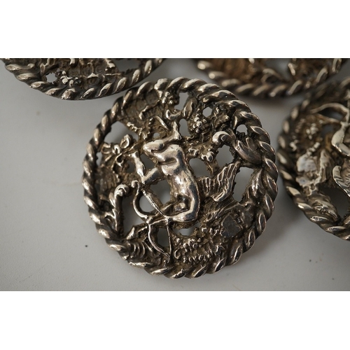 458 - A set of 5 late Victorian cast silver buttons, decorated with Cupid drawing his bow, L.H., London 19... 