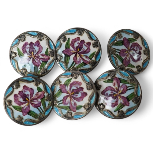 460 - A set of 6 Art Nouveau white metal buttons enamelled with irises, stamped Sterling, 24mm. Condition ... 