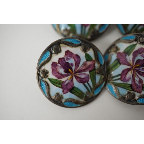 460 - A set of 6 Art Nouveau white metal buttons enamelled with irises, stamped Sterling, 24mm. Condition ... 