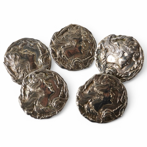 463 - A set of 5 Edwardian Art Nouveau imported silver buttons decorated with maidens heads, Charles Henry... 