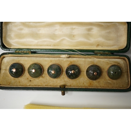 468 - Two sets of 6 Edwardian agate dress studs, three enamelled dress studs, a set of 10 small mother of ... 