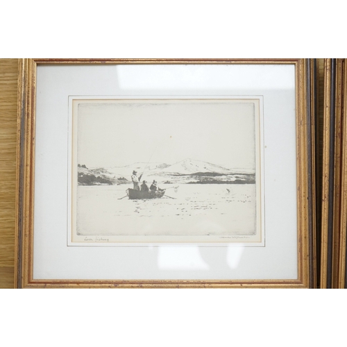 689 - Norman Wilkinson (1878-1971), set of four etchings, to include: Loch fishing, 'A likely cast' and ... 