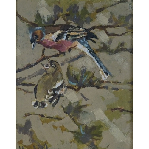 691 - 20th century, oil on board, Study of two birds on a branch, signed Edouard E R..?, 24 x 18cm. Condit... 