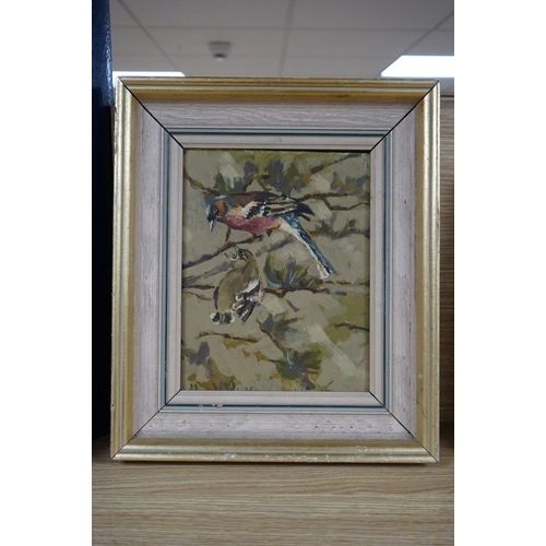 691 - 20th century, oil on board, Study of two birds on a branch, signed Edouard E R..?, 24 x 18cm. Condit... 