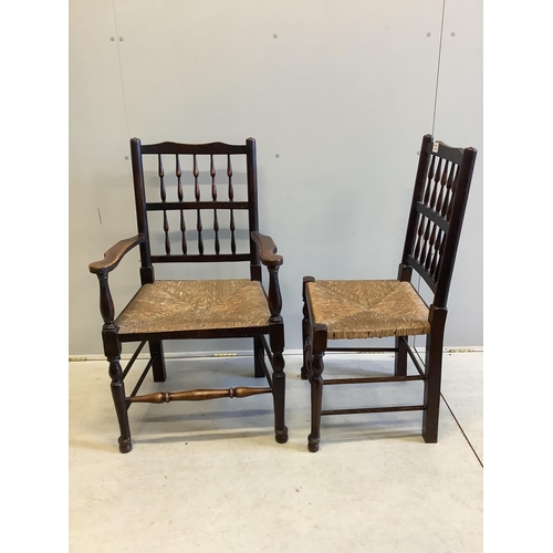 70 - A set of ten ash spindle back chairs, two with arms. Condition - fair