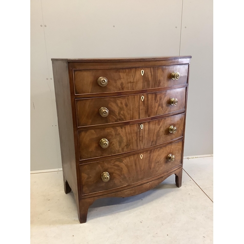 71 - A Regency rosewood banded mahogany bowfront chest of drawers, width 90cm, depth 48cm, height 107cm. ... 