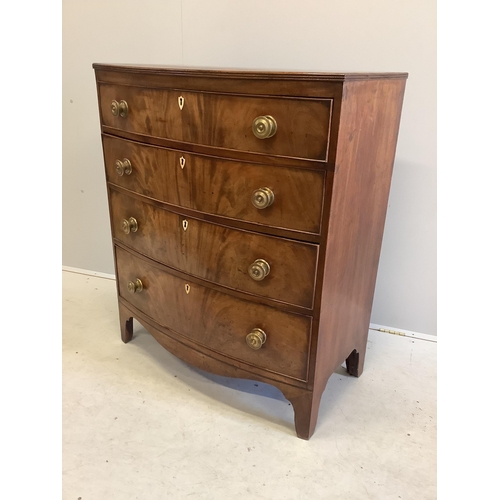 71 - A Regency rosewood banded mahogany bowfront chest of drawers, width 90cm, depth 48cm, height 107cm. ... 