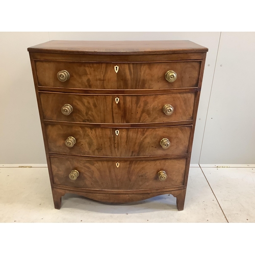 71 - A Regency rosewood banded mahogany bowfront chest of drawers, width 90cm, depth 48cm, height 107cm. ... 