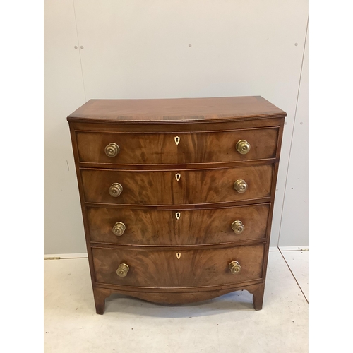 71 - A Regency rosewood banded mahogany bowfront chest of drawers, width 90cm, depth 48cm, height 107cm. ... 