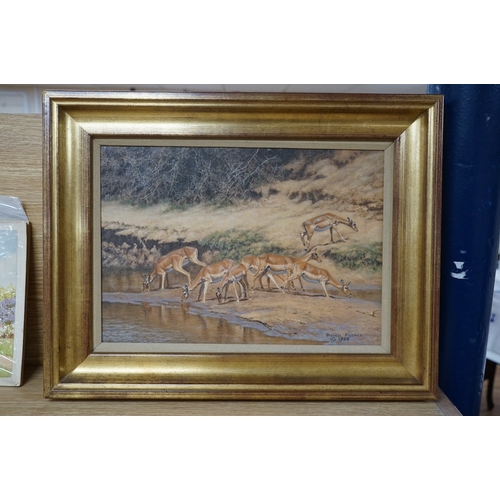 711 - Brian Foster (20th. C), oil on canvas, Gazelles watering, signed and dated 1988, 25 x 34cm, gilt fra... 