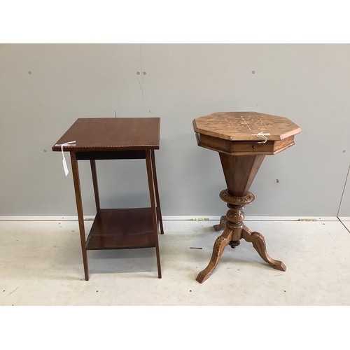 77 - A Victorian marquetry inlaid rosewood trumpet work table, height 74cm, together with an Edwardian ba... 