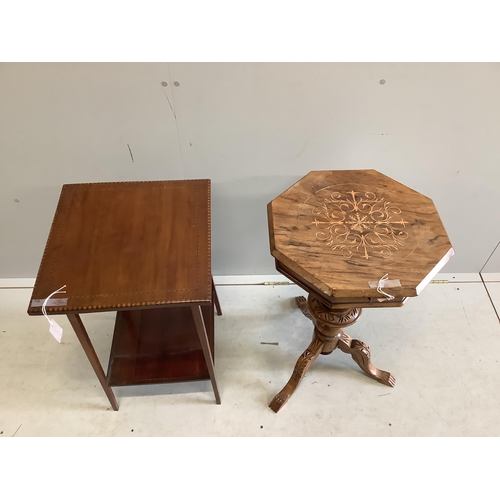 77 - A Victorian marquetry inlaid rosewood trumpet work table, height 74cm, together with an Edwardian ba... 