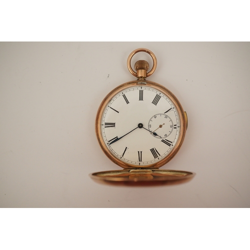 105 - An early 20th century Swiss 9ct gold hunter keyless quarter repeating pocket watch, with Roman dial ... 