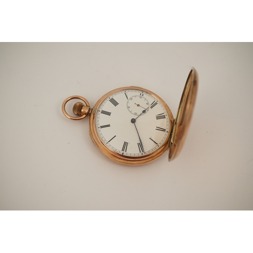 105 - An early 20th century Swiss 9ct gold hunter keyless quarter repeating pocket watch, with Roman dial ... 