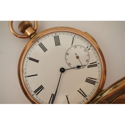 105 - An early 20th century Swiss 9ct gold hunter keyless quarter repeating pocket watch, with Roman dial ... 