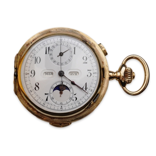 106 - An 18k gold keyless wind triple calendar minute repeating chronograph full hunter pocket watch with ... 