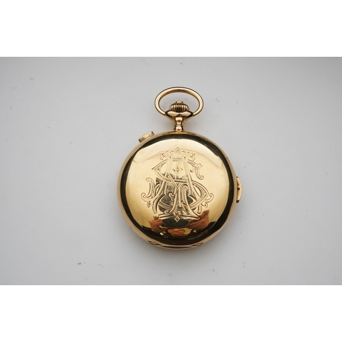 106 - An 18k gold keyless wind triple calendar minute repeating chronograph full hunter pocket watch with ... 