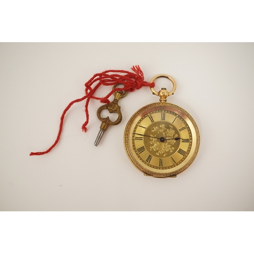 108 - An early 20th century continental engraved 18k gold open faced fob watch, with Roman dial and gilt m... 