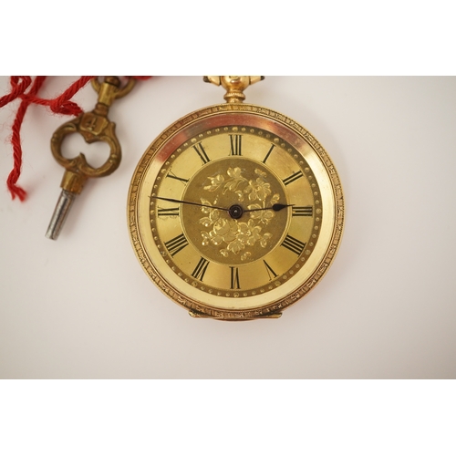 108 - An early 20th century continental engraved 18k gold open faced fob watch, with Roman dial and gilt m... 