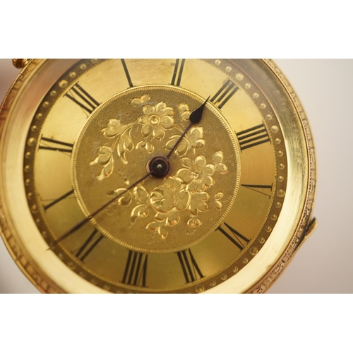 108 - An early 20th century continental engraved 18k gold open faced fob watch, with Roman dial and gilt m... 