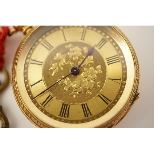 108 - An early 20th century continental engraved 18k gold open faced fob watch, with Roman dial and gilt m... 