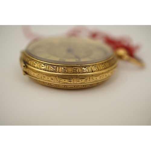 108 - An early 20th century continental engraved 18k gold open faced fob watch, with Roman dial and gilt m... 