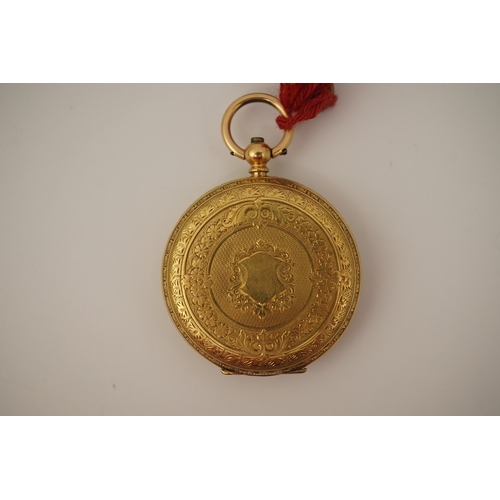 108 - An early 20th century continental engraved 18k gold open faced fob watch, with Roman dial and gilt m... 