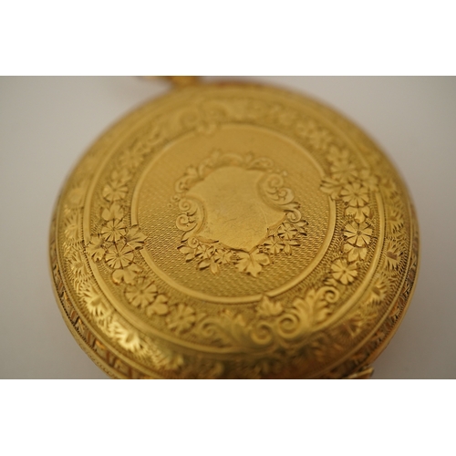 108 - An early 20th century continental engraved 18k gold open faced fob watch, with Roman dial and gilt m... 