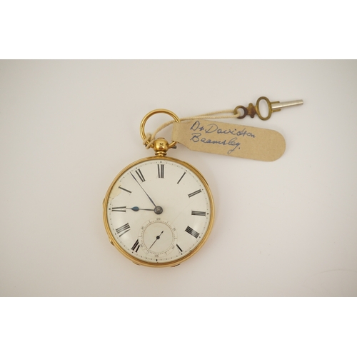 109 - A Victorian engine turned 18ct gold open faced key wind pocket watch, with Roman dial and subsidiary... 