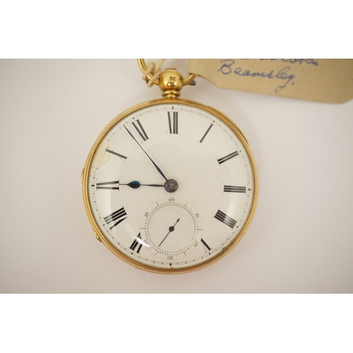 109 - A Victorian engine turned 18ct gold open faced key wind pocket watch, with Roman dial and subsidiary... 