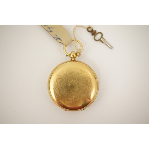 109 - A Victorian engine turned 18ct gold open faced key wind pocket watch, with Roman dial and subsidiary... 