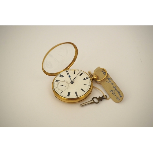 109 - A Victorian engine turned 18ct gold open faced key wind pocket watch, with Roman dial and subsidiary... 