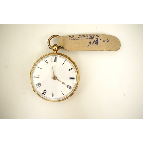 110 - A Victorian engine turned 18ct gold open faced key wind fob watch, with Roman dial, no key, case dia... 