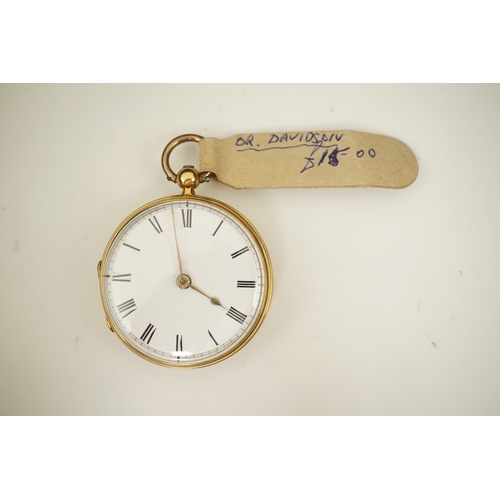 110 - A Victorian engine turned 18ct gold open faced key wind fob watch, with Roman dial, no key, case dia... 