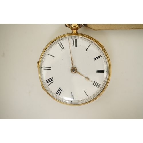 110 - A Victorian engine turned 18ct gold open faced key wind fob watch, with Roman dial, no key, case dia... 