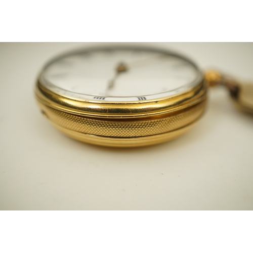 110 - A Victorian engine turned 18ct gold open faced key wind fob watch, with Roman dial, no key, case dia... 