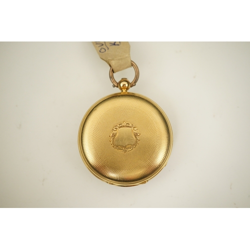 110 - A Victorian engine turned 18ct gold open faced key wind fob watch, with Roman dial, no key, case dia... 