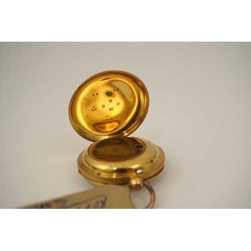 110 - A Victorian engine turned 18ct gold open faced key wind fob watch, with Roman dial, no key, case dia... 