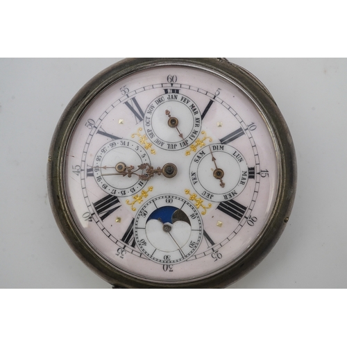 111 - A large early 20th century German 800 standard silver open faced calendar moon phase keyless pocket ... 