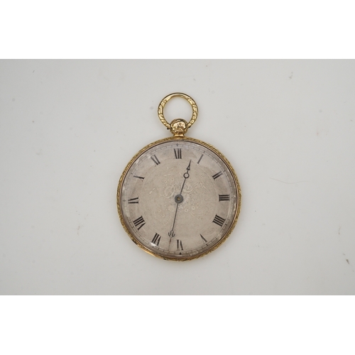 112 - A lady's 19th century Swiss 18ct gold open faced key wind cylinder dress pocket watch, with floral e... 