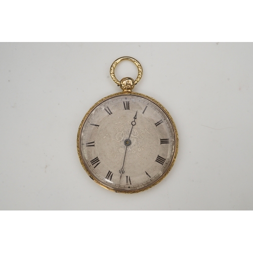 112 - A lady's 19th century Swiss 18ct gold open faced key wind cylinder dress pocket watch, with floral e... 