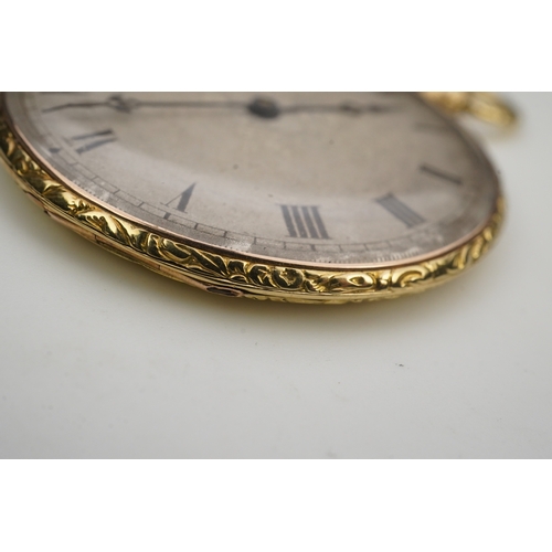 112 - A lady's 19th century Swiss 18ct gold open faced key wind cylinder dress pocket watch, with floral e... 