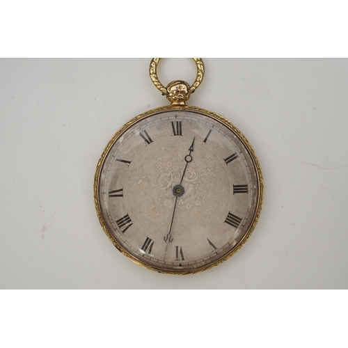 112 - A lady's 19th century Swiss 18ct gold open faced key wind cylinder dress pocket watch, with floral e... 