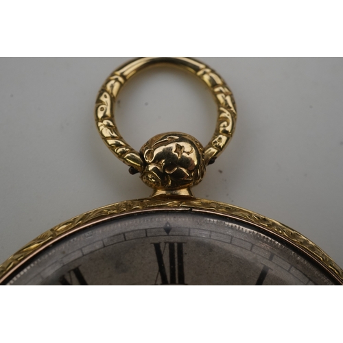 112 - A lady's 19th century Swiss 18ct gold open faced key wind cylinder dress pocket watch, with floral e... 