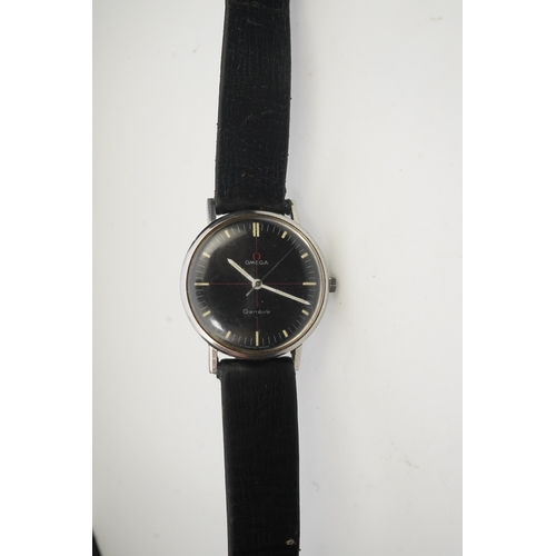 113 - A gentleman's late 1960's/early 1970's stainless steel Omega manual wind wrist watch, the black dial... 