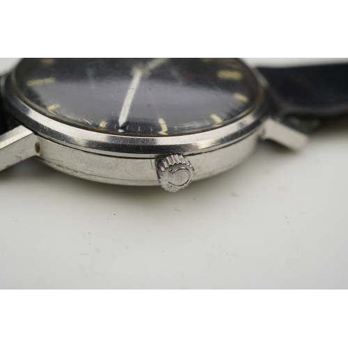 113 - A gentleman's late 1960's/early 1970's stainless steel Omega manual wind wrist watch, the black dial... 