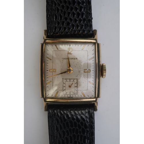 118 - A gentleman's late 1940's gold plated Longines manual wind wrist watch, on a later associated leathe... 